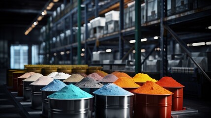Containers with chemical powders on the production line