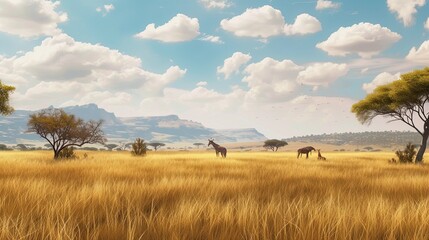 Antelopes, rare trees, mountains in the background, Africa, safari, nature, animals, meadow, ecosystem, realistic image, clouds, wind. Hunting and travel concept. Generative by AI - obrazy, fototapety, plakaty
