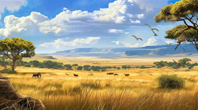 Elephants, birds and wildebeest rare trees, mountains in the background, Africa, safari, nature, animals, meadow, ecosystem, realistic image, wind. Hunting and travel concept. Generative by AI