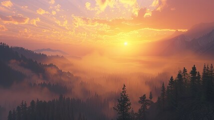 Mountains, high altitude, heights, sun, sunset, bright rays, clouds, fog, wind, tourism, landscape, environment, backdrop, background. Concept of beauty of nature in the morning. Generative by AI