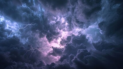 Clouds, storm, thunderstorm, sky, natural disaster, nature, weather. lightning, pink shades, night landscape. Force and peril associated with natural calamities concept. Generative by AI
