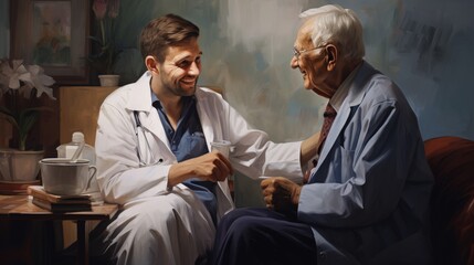 doctor and elderly patient with good news. - obrazy, fototapety, plakaty