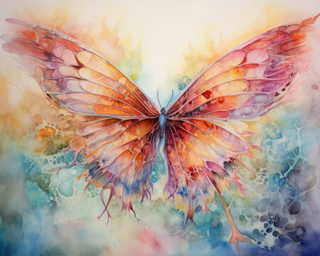 A colorful butterfly with a blue background. The butterfly is surrounded by a rainbow of colors, and it is flying through a field of flowers. The painting conveys a sense of freedom and joy