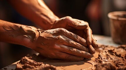 Close-up of the hands of a boy molding something out of clay