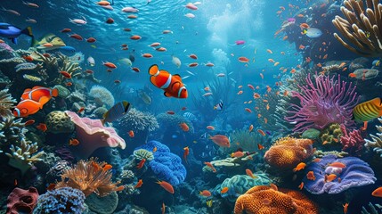Fototapeta na wymiar Underwater world, corals, sea life, fish, dark colors, natural environment, flora and fauna, sun rays, water, aqua, sea, ocean, realistic style. Generative by AI