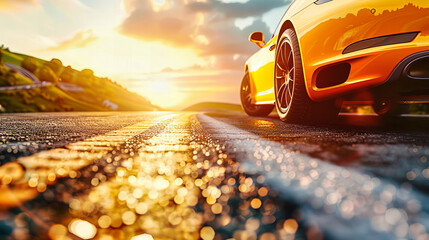 Dynamic Car Movement on Asphalt Road, Transportation and Speed, Sunset Drive - obrazy, fototapety, plakaty