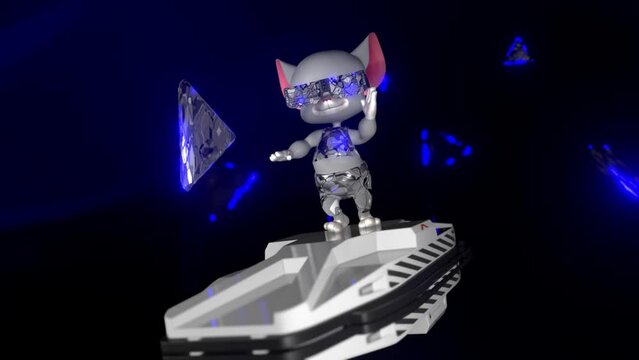 mouse flying on a skateboard, cartoon character, sci fi style, background for music, 3d rendering, cyclic animation