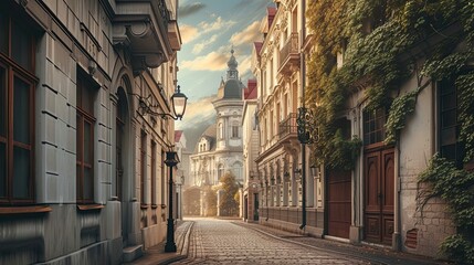 Fototapeta premium Old town, narrow street with cobbled roads and ancient buildings, vintage, retro, comfort, tranquility, arches, European city, path, historical center, travel, tourism, light colors. Generative by AI