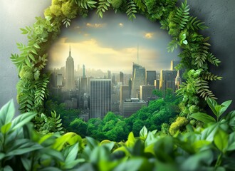Green city concept, metropolis seen through verdant wreath, highlighting eco-friendly urban development and nature conservation