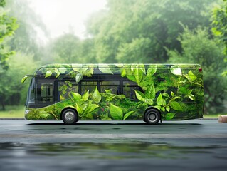 Eco-friendly electric bus driving on road wrapped in green plants pattern, green transportation concept