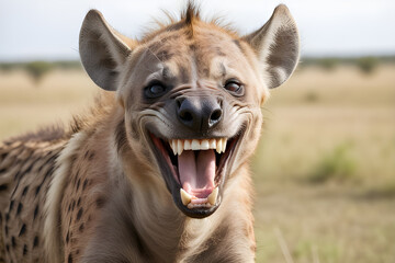 caricature of a very large toothy wide smile of a smiling hyena. hyena with a white smile looks at the camera. Playground AI platform