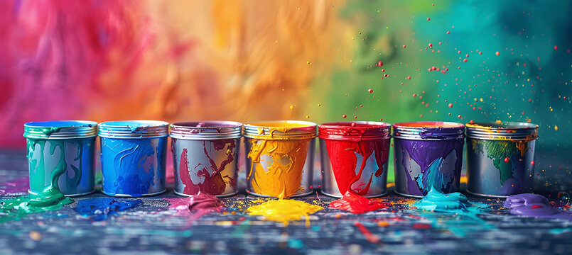 Range of possibilities with open paint cans and colorful splashes
