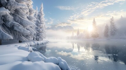 Frozen lake in a snowy forest. Winter, snow, ice, spruce, pine, white tones, landscape, clear and blue sky, caps on the branches. Tranquility, beauty and grandeur of nature concept . Generative by AI