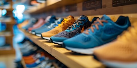 Display of stylish athletic shoes in a contemporary boutique. Concept Fashion Display, Athletic Shoes, Boutique Decor, Stylish Showcase, Contemporary Retail