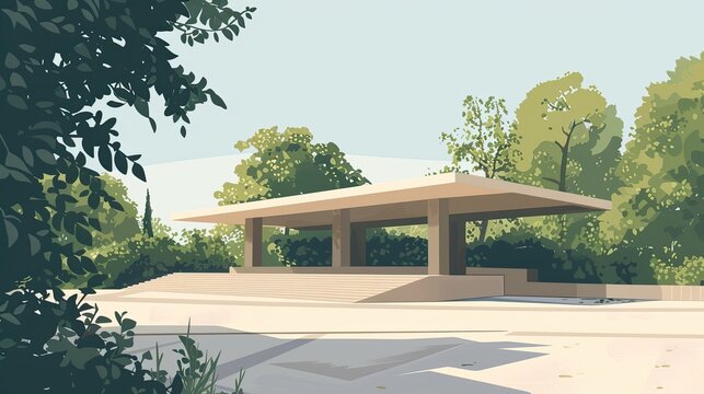 An abstract image of a park, benches, recreation area, stop. Brutalism, modernism, architecture, trees, greenery, flat design, cartoon force, relaxation, walk. Generative by AI
