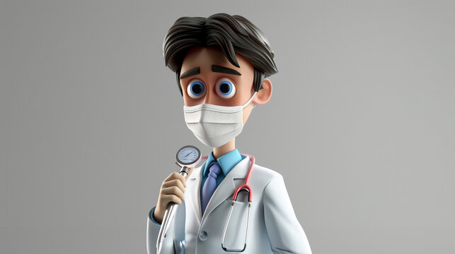 Helpful 3D cartoon doctor ready with thermometer approachable look