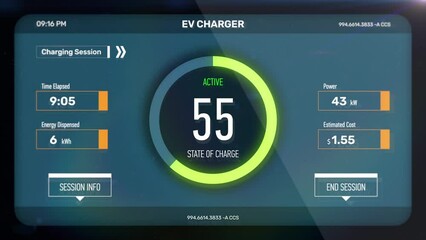 Electric vehicle charging in progress, calculating cost and percentage on screen. EV charging interface