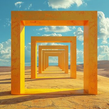 Sunny desert with surreal yellow square portals for clouds 3D rendered panoramic perspective