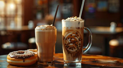 Foto op Plexiglas Two glasses of cappuccino coffee and donuts in cafe © Archi