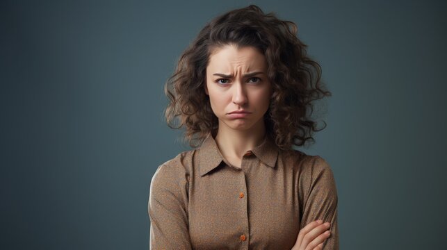 Disgust on the face of a young woman standing over an isolated background.