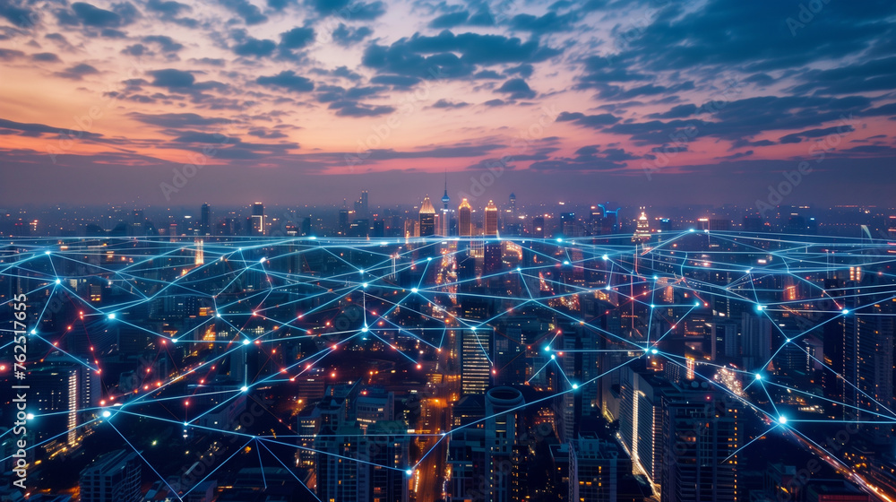Poster wireless network connection over cityscape at night, 3d rendering