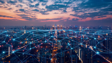 Wireless network connection over cityscape at night, 3d rendering