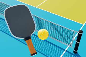 Pickleball racket and ball against the background of a sports field. 3D rendering
