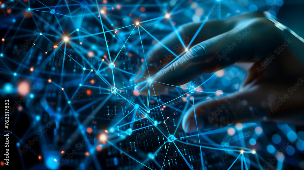 Poster close up of human hand touching with finger network connection. 3d rendering