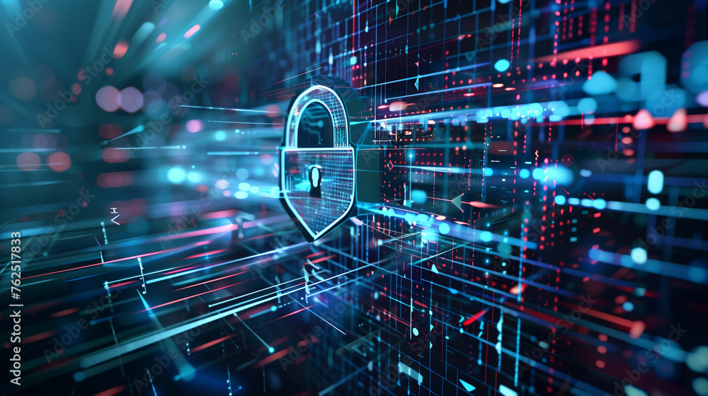 Poster cyber security concept with padlock on digital background. 3d rendering