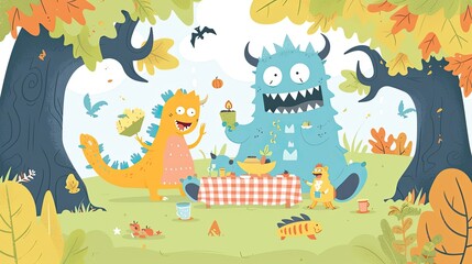 Fototapeta premium An abstract image of a group of monsters having a picnic in the forest. Unusual creatures of different shapes, sizes, smiling, laughing, autumn. Hills, trees, pets, cartoon style. Generative by AI