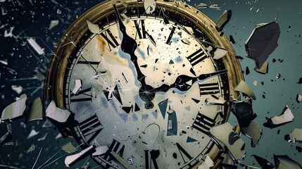 Fototapeta premium An abstract image of a broken watch, dial, hands, Roman numerals, dust and dirt, seconds, minutes, hours. Cracks, scratches, history, time. End of times concept. Gray tones. Generative by AI