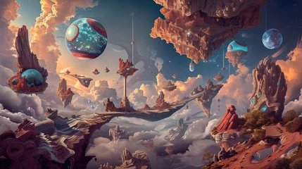 Foto op Canvas Abstract illustration of another world, a surreal, fairy tale reality with islands floating on clouds, detailing them. Space, clouds, parallel universe, alien civilization concept. Generative by AI © Кирилл Макаров
