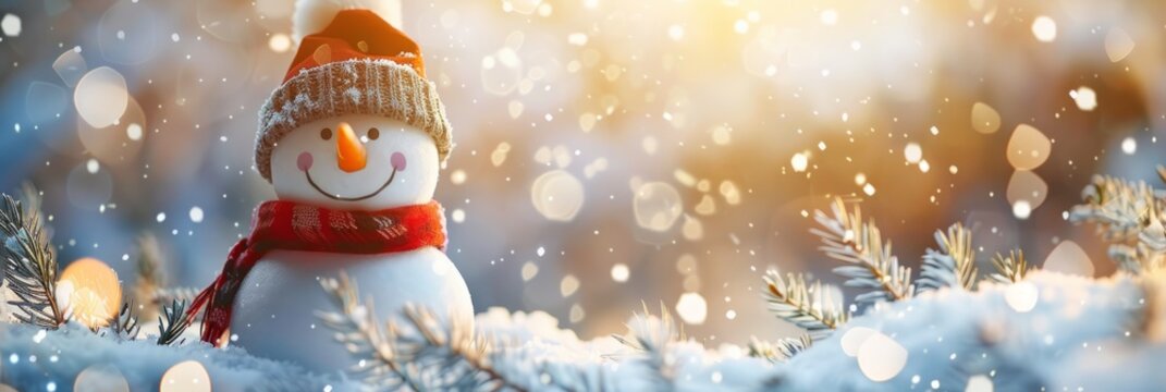 cute funny laughing snowman with wool hat and scarf, on snowy snow snowscape with bokeh lights