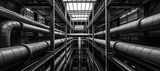 Array of Industrial Pipes in a Building - obrazy, fototapety, plakaty