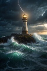 Fototapeta na wymiar Lighthouse on the Shore During a Raging Storm
