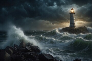 Lighthouse on the Shore During a Raging Storm - obrazy, fototapety, plakaty