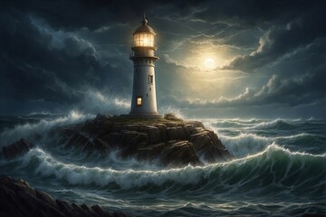 Lighthouse on the Shore During a Raging Storm - obrazy, fototapety, plakaty