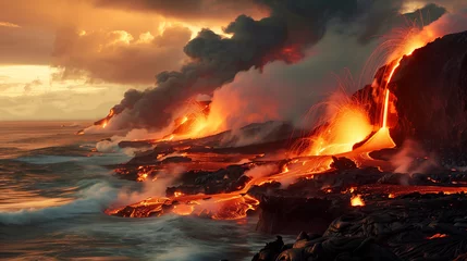Gordijnen Rios de lava fundida humeante entrando al mar © Vletal