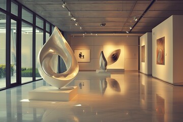 Abstract Art Gallery With Floating Sculptures In A Contemporary 3D Setting