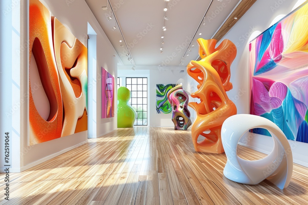 Poster Abstract Art Gallery With Floating Sculptures In A Contemporary 3D Setting