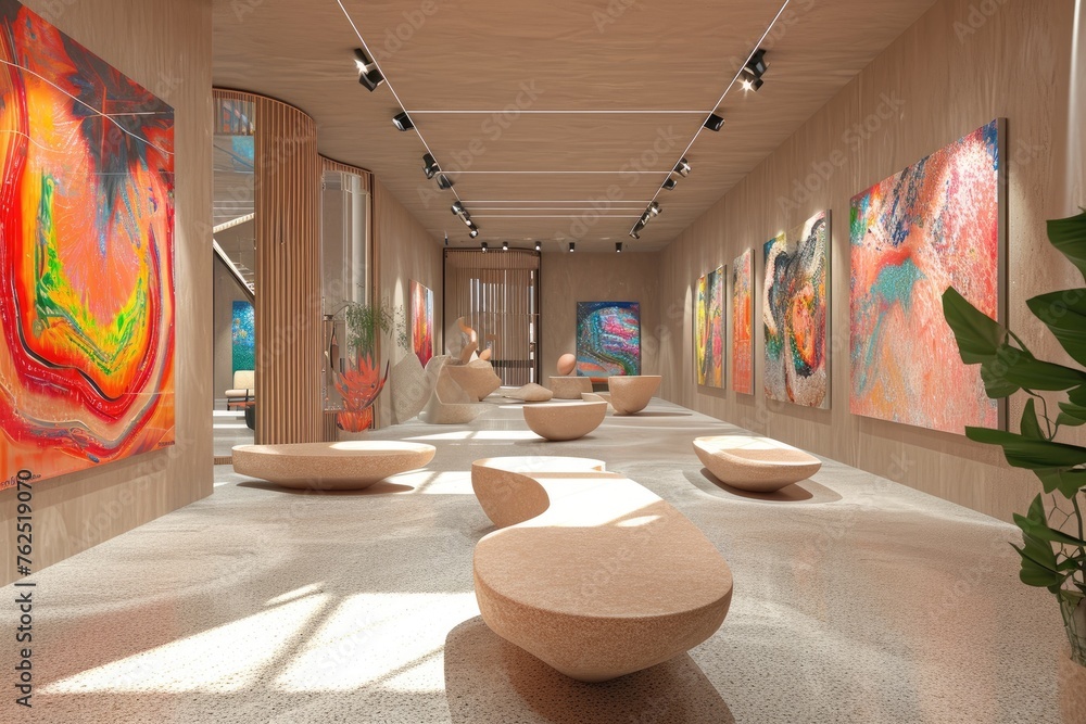 Poster Abstract Art Gallery With Floating Sculptures In A Contemporary 3D Setting