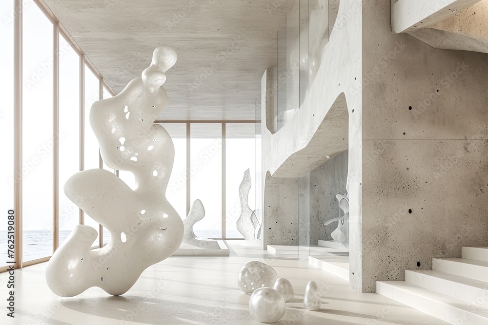 Poster Abstract Art Gallery With Floating Sculptures In A Contemporary 3D Setting