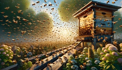 Hive entrance with bees performing orientation flights, forming dynamic patterns in the air. - obrazy, fototapety, plakaty