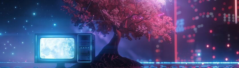 A giant tree growing out of an old computer monitor with branches reaching towards a constellation of ideas