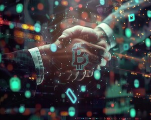 A handshake between business partners set against a digital backdrop of cryptocurrency symbols and financial data