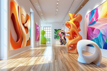 Abstract Art Gallery With Floating Sculptures In A Contemporary 3D Setting