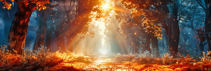 Magical Forest Light, Golden Sunbeams Through Trees, Enchanted Nature Background