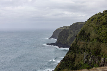 Atlantic Ocean and Coastline in the Northeast of the island of Sao Miguel. Azores, Portugal.