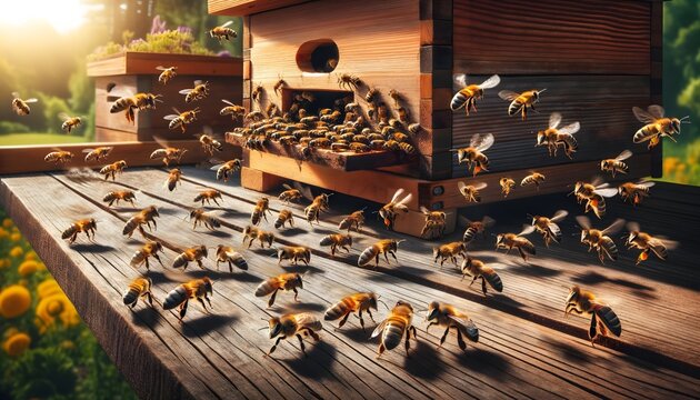 Image of bees flying in and out of the hive entrance, showcasing the constant activity and movement of the colony.