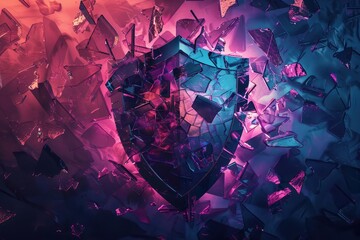 An abstract interpretation of a shattered glass shield icon for a cybersecurity concept dark fantasy - obrazy, fototapety, plakaty